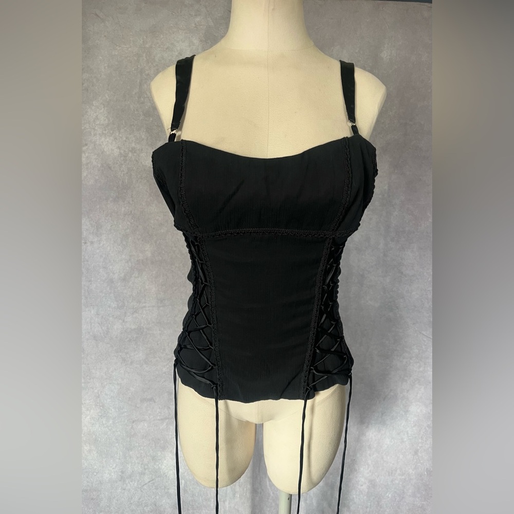 Marciano Black Lace-Up Corset Top  Cotton/ Silk Blend Whimsigoth Goth Grunge L